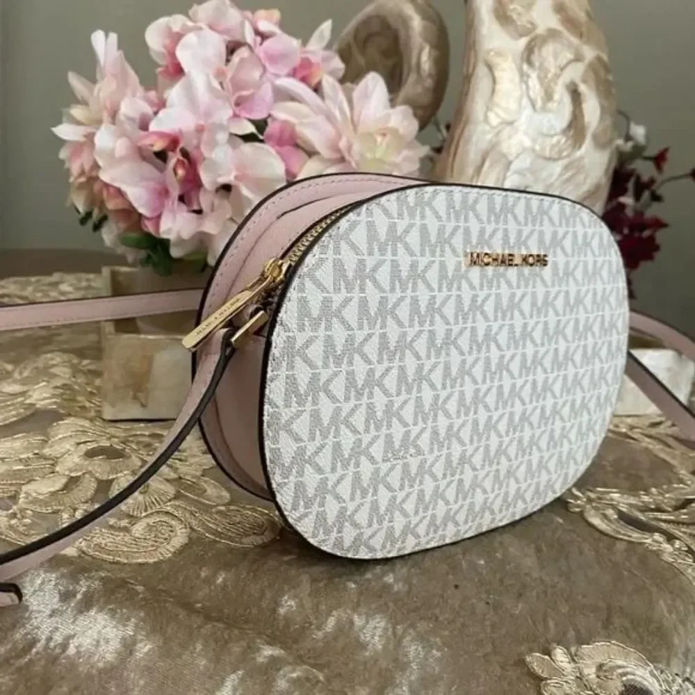 Michael Kors MK Designer Jet Set Travel Oval Pink White Crossbody Bag Purse